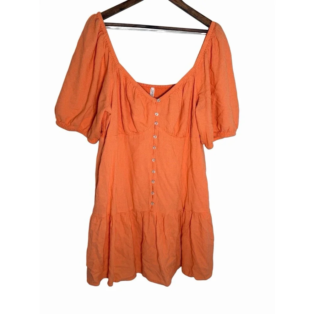 American Eagle XL Orange Smocked Puff Sleeve Tiered Mini Dress - Picture 2 of 4